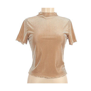 Shein Womens Medium Top Shirt Solid Rib-knit Velvet Tee Gold Tan Blouse